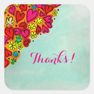 Adesivo Quadrado Mão bonito corações do Doodle e obrigados tirad