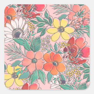 Adesivo Quadrado Mão floral cor-de-rosa feminino bonito design