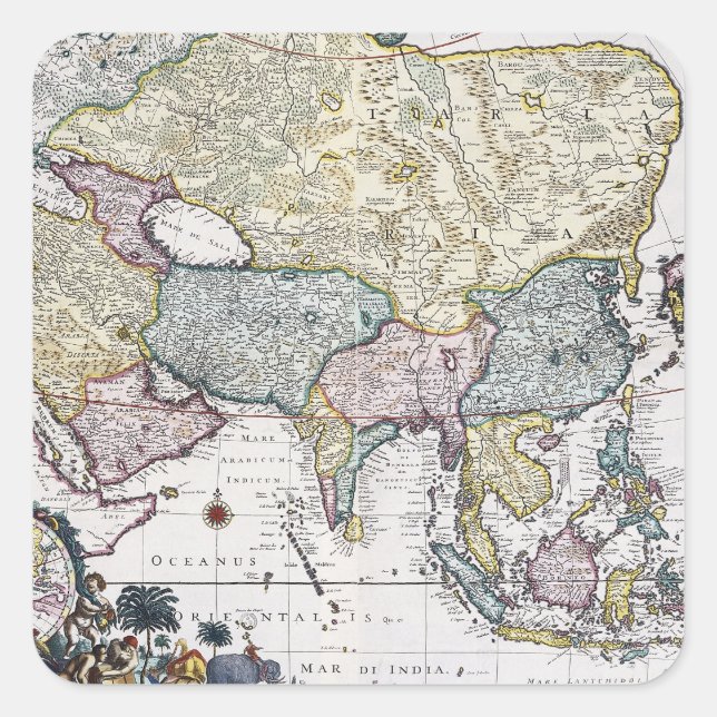 Adesivo Quadrado Mapa antigo da Ásia | 1696 (Frente)