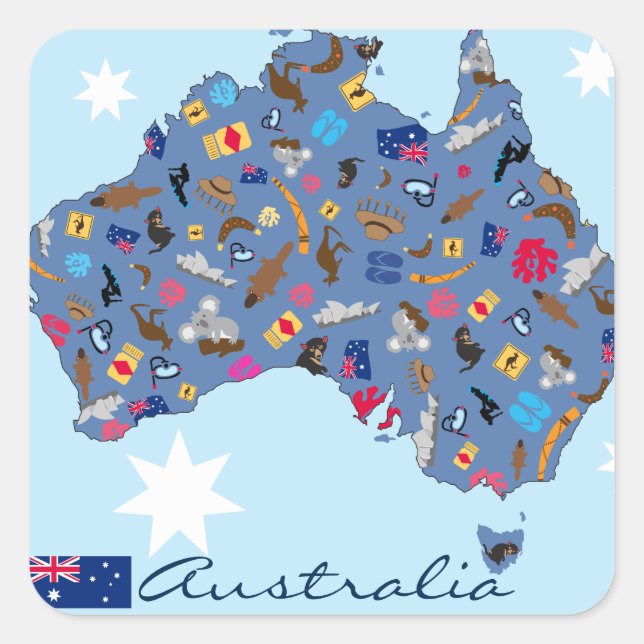 Adesivo Quadrado Mapa australiano com itens culturais (Frente)