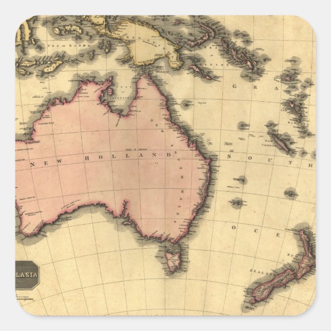 Adesivo Quadrado Mapa da Australásia de 1818 - Austrália, Nova Zelâ (Frente)