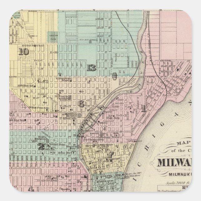 Adesivo Quadrado Mapa da Cidade de Milwaukee, Milwaukee Co (Frente)