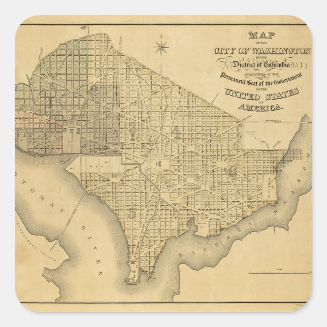Adesivo Quadrado Mapa da Cidade de Washington D.C. (1839) (Frente)