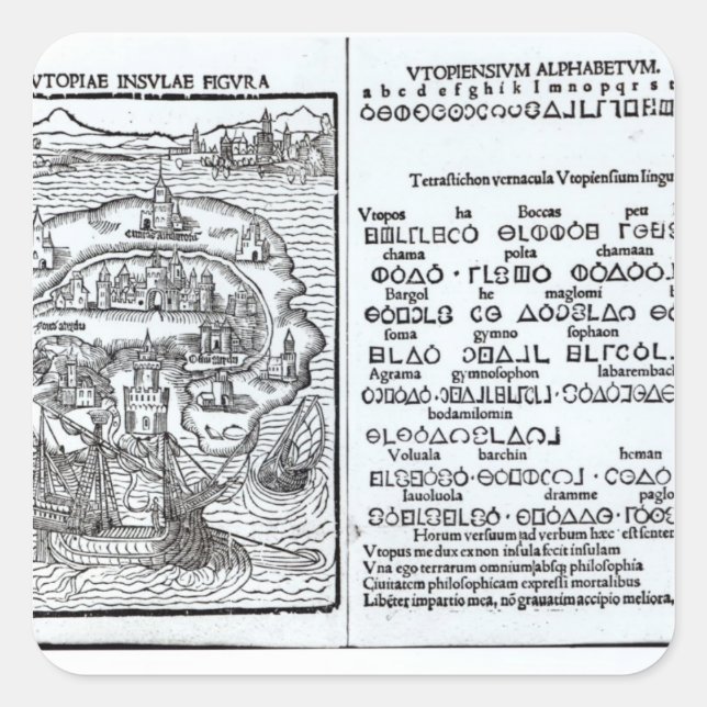 Adesivo Quadrado Mapa da Ilha da Utopia e do seu Alfabeto (Frente)