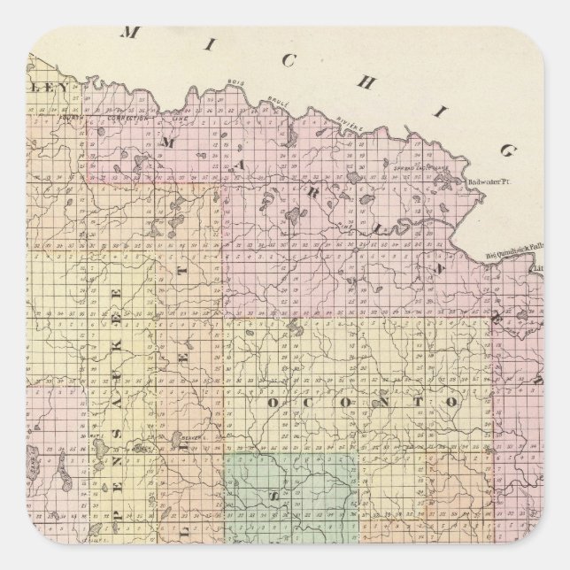 Adesivo Quadrado Mapa da parte do norte de Oconto (Frente)