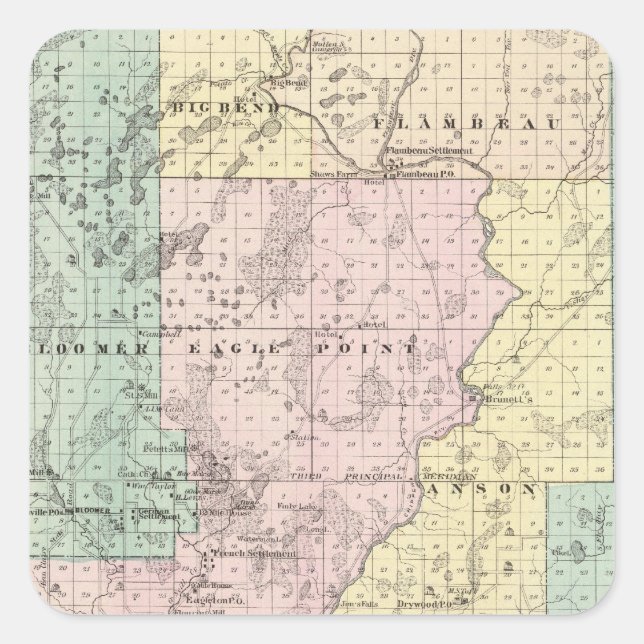 Adesivo Quadrado Mapa da parte sul do condado de Chippewa (Frente)
