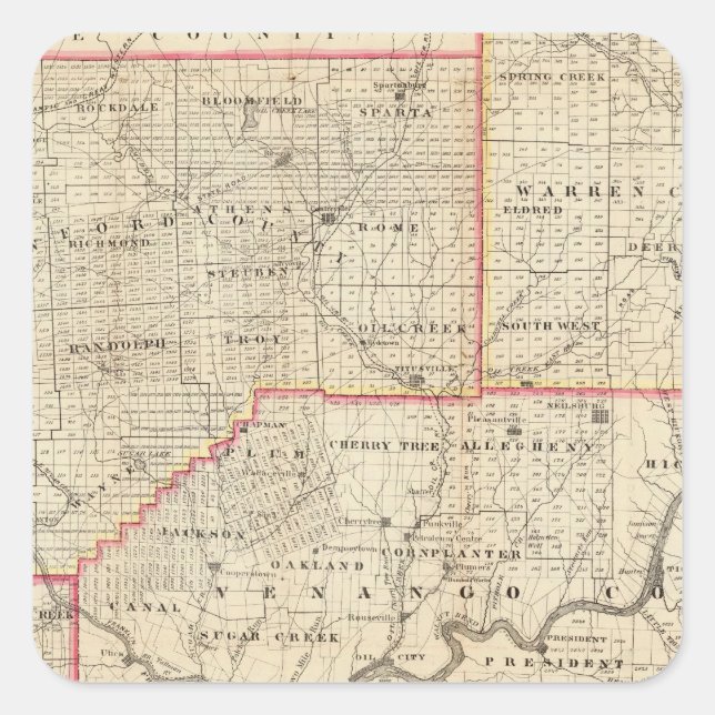 Adesivo Quadrado Mapa da Região Petrolífera da Pensilvânia (Frente)