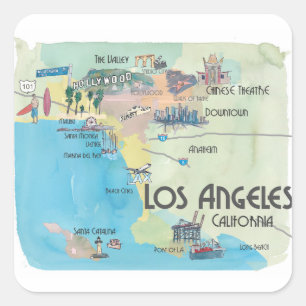 Adesivo Quadrado Mapa das viagens vintage de Los Angeles Califórnia