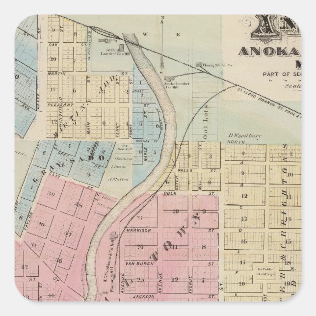 Adesivo Quadrado Mapa de Anoka, Condado de Anoka, Minnesota (Frente)