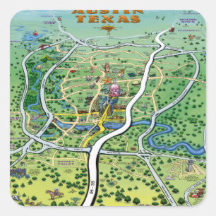 Adesivo Quadrado Mapa de Cartoons de Austin Texas