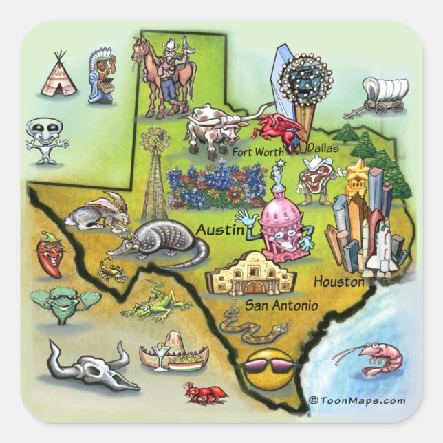 Adesivo Quadrado Mapa de Cartoons do Texas (Frente)