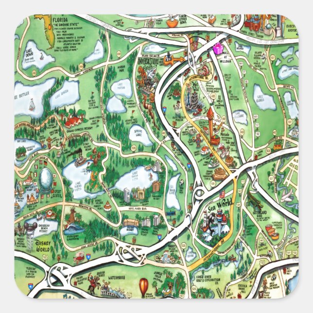 Adesivo Quadrado Mapa de Cartoons Orlando Florida (Frente)
