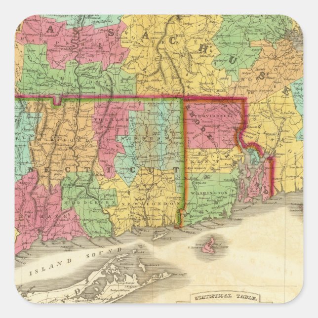 Adesivo Quadrado Mapa de Massachusetts Connecticut and Rhode Island (Frente)