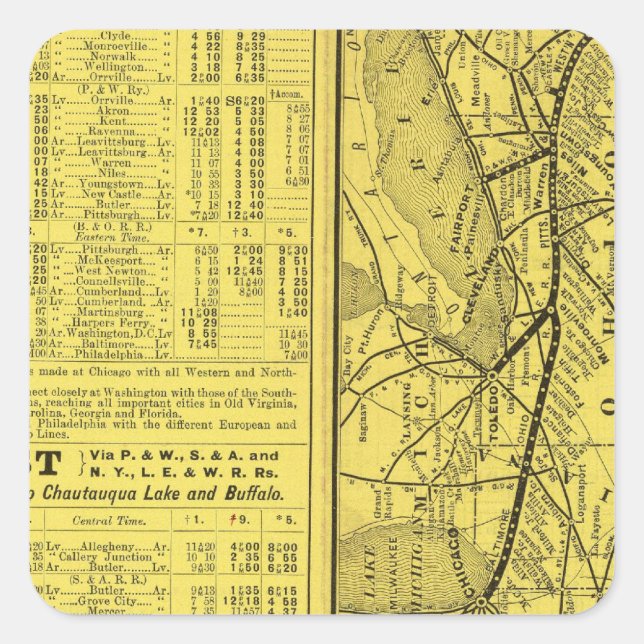 Adesivo Quadrado Mapa de Pittsburgh e da ferrovia ocidental (Frente)