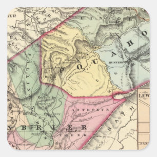Adesivo Quadrado Mapa de Pocohontas, condados de Greenbrier