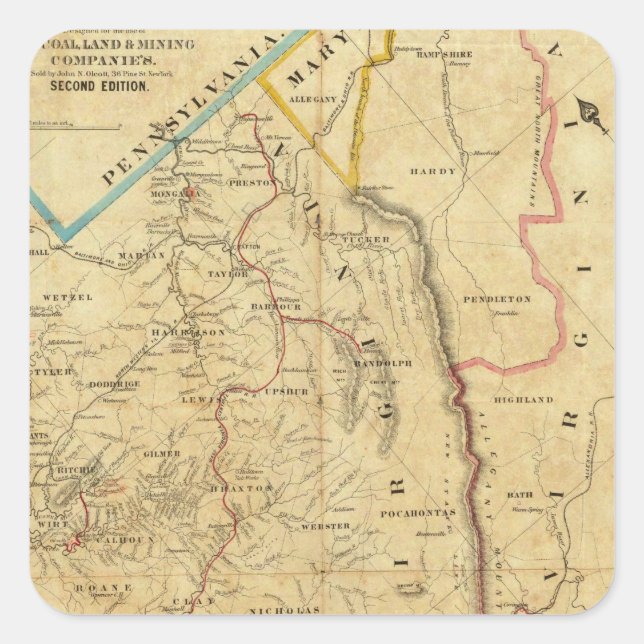 Adesivo Quadrado Mapa de Richardson da Virgínia Ocidental (Frente)