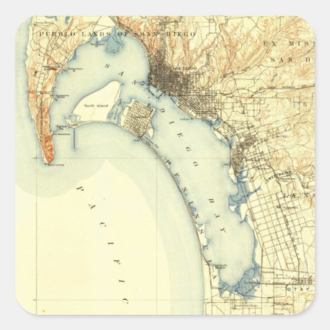Adesivo Quadrado Mapa de San Diego Vintage (Frente)