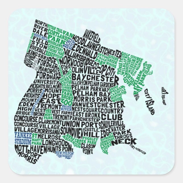 Adesivo Quadrado Mapa de Tipografia do Bronx Nova Iorque (Frente)