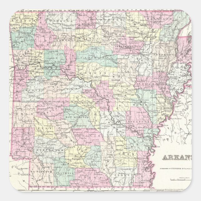 Adesivo Quadrado Mapa de Vintage do Arkansas (1855) (Frente)