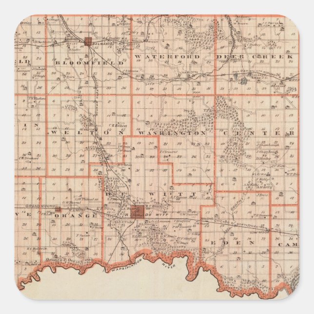 Adesivo Quadrado Mapa do Condado de Clinton, Estado de Iowa (Frente)
