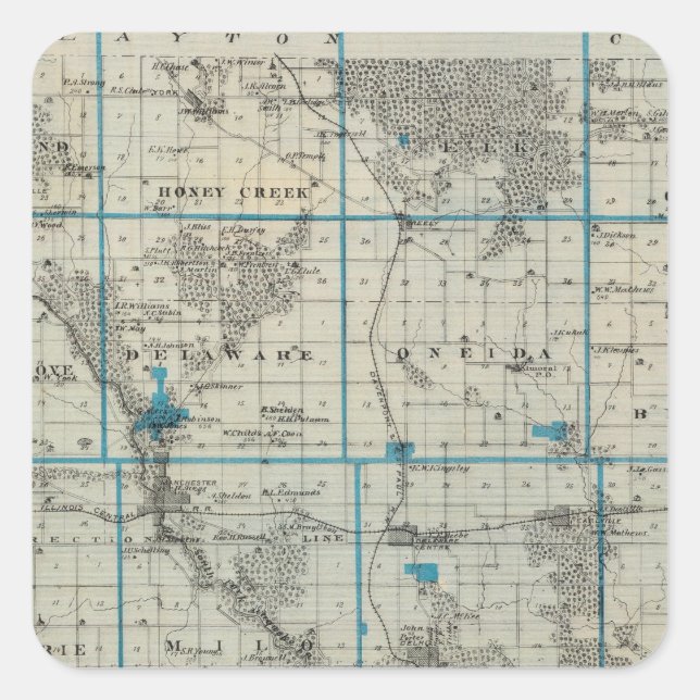 Adesivo Quadrado Mapa do Condado de Delaware, Estado de Iowa (Frente)