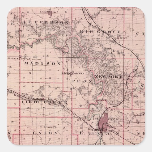 Adesivo Quadrado Mapa do Condado de Johnson, Estado de Iowa (Frente)