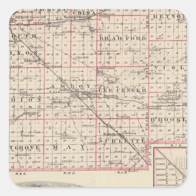 Adesivo Quadrado Mapa do Condado de Lee e da Amboy (Frente)