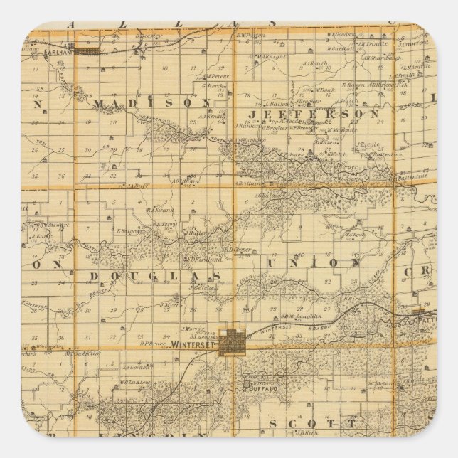 Adesivo Quadrado Mapa do Condado de Madison, Estado de Iowa (Frente)