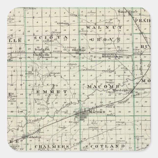Adesivo Quadrado Mapa do Condado de McDonough, Rushville (Frente)