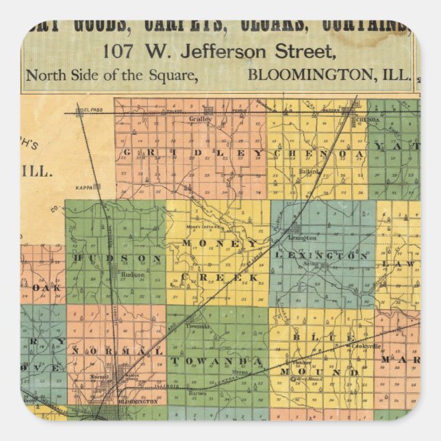 Adesivo Quadrado Mapa do Condado de McLean, Illinois 1886 (Frente)
