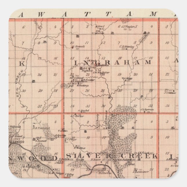 Adesivo Quadrado Mapa do Condado de Mills, Estado de Iowa (Frente)