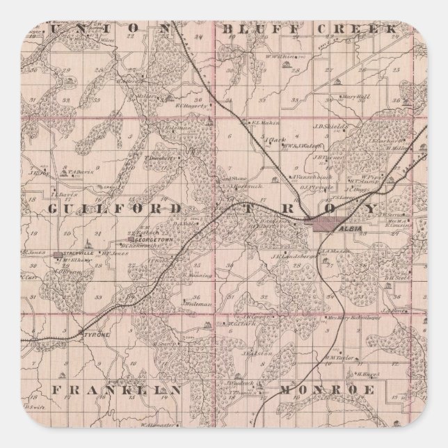 Adesivo Quadrado Mapa do condado de Monroe, Estado de Iowa (Frente)