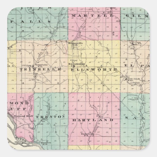 Adesivo Quadrado Mapa do Condado de Pierce e Ellsworth (Frente)