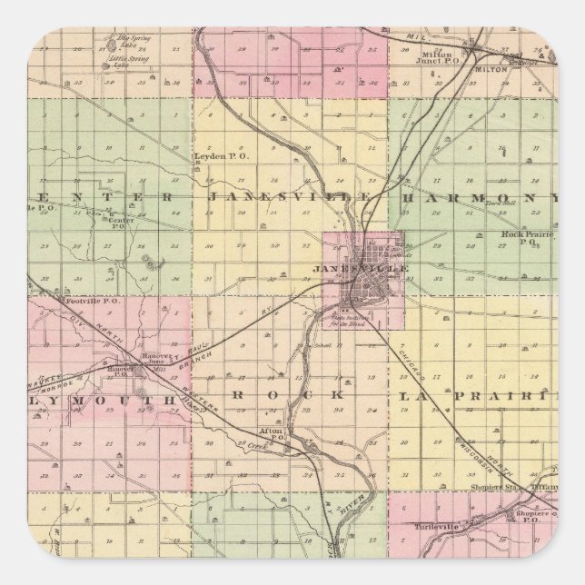 Adesivo Quadrado Mapa do Condado de Rock, Estado de Wisconsin (Frente)
