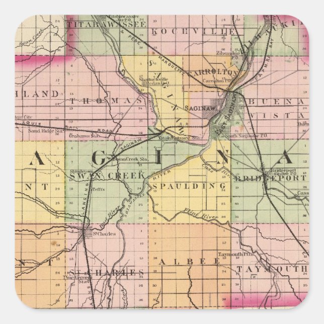 Adesivo Quadrado Mapa do Condado de Saginaw, Michigan (Frente)