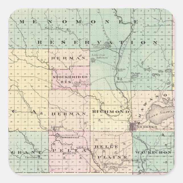 Adesivo Quadrado Mapa do Condado de Shawano, Estado de Wisconsin (Frente)