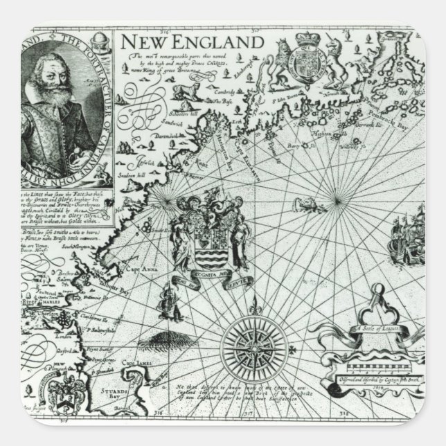 Adesivo Quadrado Mapa do litoral da Nova Inglaterra (Frente)