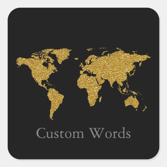 Adesivo Quadrado mapa do mundo do ouro faux elegante sobre o pau qu (Frente)
