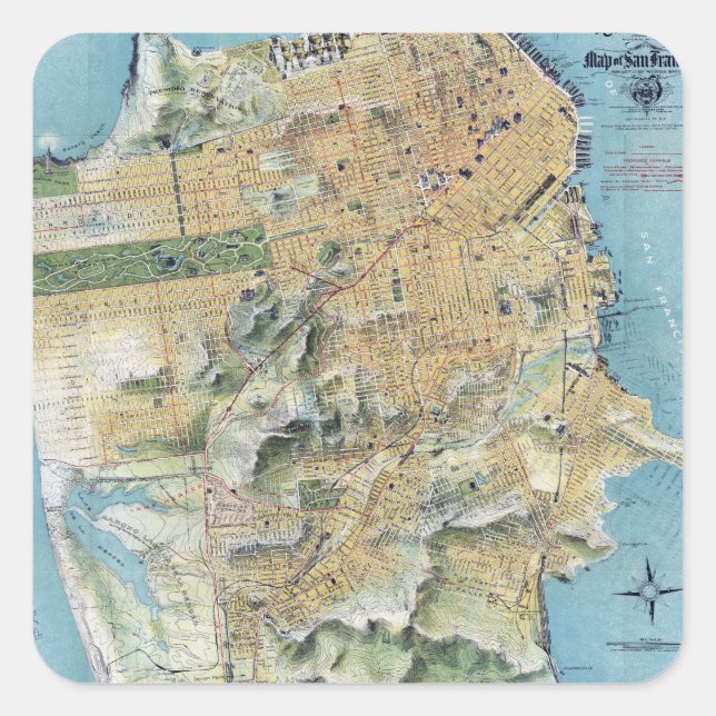 Adesivo Quadrado Mapa do Vintage San Francisco (Frente)