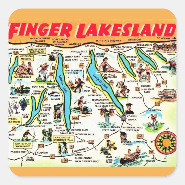 Adesivo Quadrado Mapa dos Finger Lakes de Nova York (Frente)