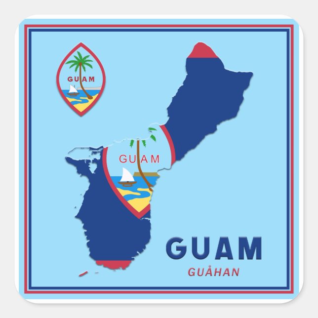 Adesivo Quadrado Mapa e Selo do Sinalizador de Guam (Frente)