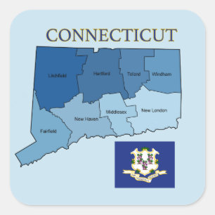 Adesivo Quadrado Mapa e Sinalizador de Connecticut com Condados