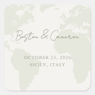 Adesivo Quadrado Mapa Mundi Marfim e Sage Suave para Casamento de D