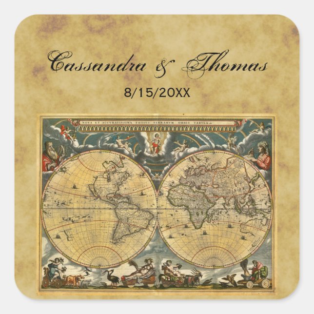 Adesivo Quadrado Mapa Mundial Antiquado - Vedantes de envelopes BG  (Frente)