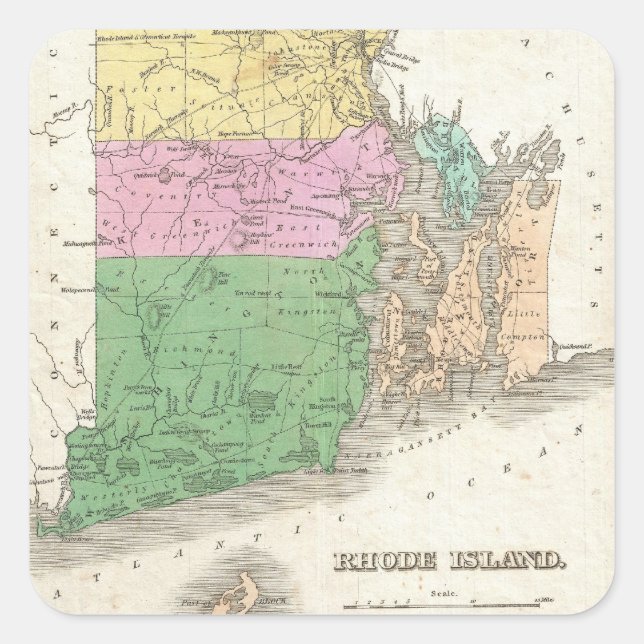 Adesivo Quadrado Mapa Vintage da Ilha Rhode (1827) (Frente)