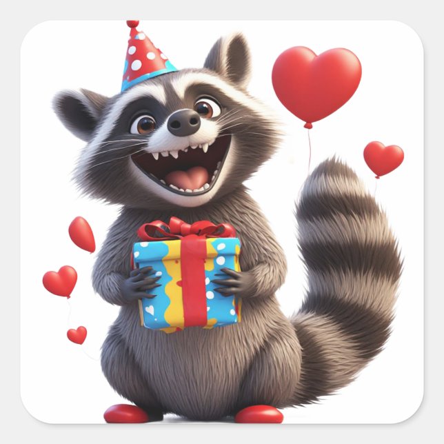 Adesivo Quadrado 🎁 Mapache Feliz Com Balões E Presente (Frente)