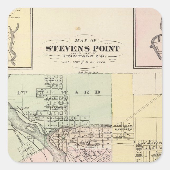 Adesivo Quadrado Mapas de Stevens Point, Elroy e Wonewoc (Frente)