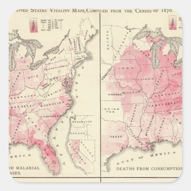 Adesivo Quadrado mapas de vitalidade dos Estados Unidos (Frente)