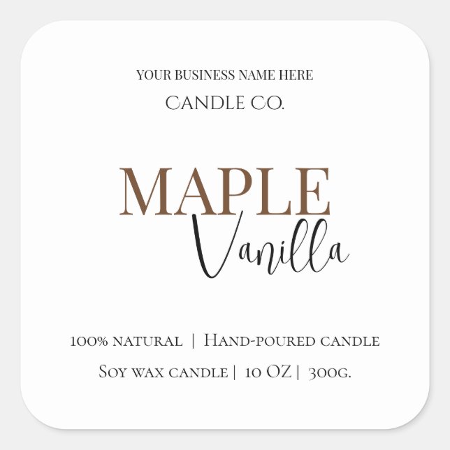 Adesivo Quadrado Maple Vanilla | Rótulo de Vela de Soja Elegante de (Frente)