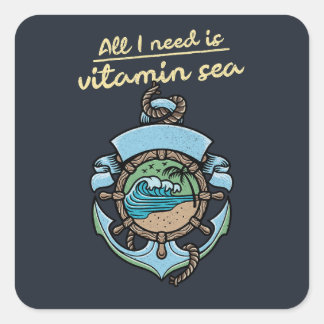 Adesivo Quadrado Mar Vitaminico Âncora Náutica Onda Citação Praia O